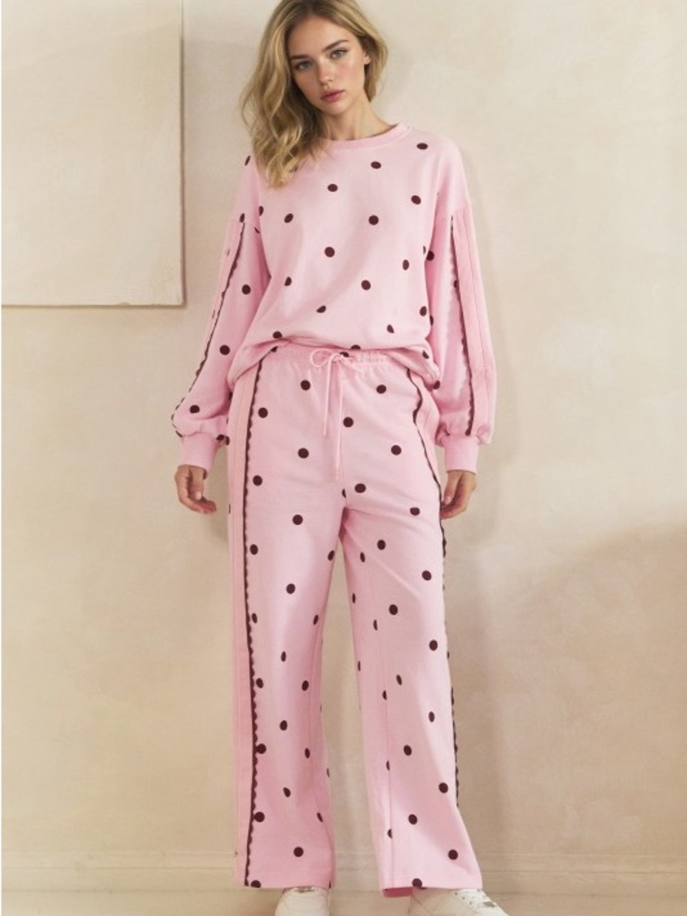 Women's Pink Polka Dot Pajama Set - Long Sleeve Top & Pants